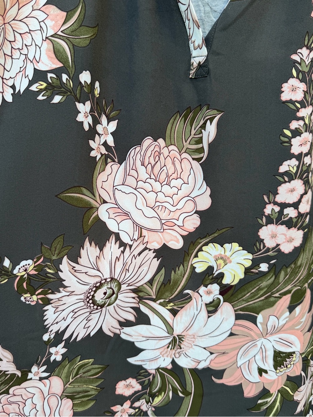 Women's Black Floral Split-Neck Blouse - Pink & White Flower Print - Picture 2 of 3